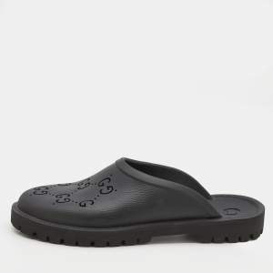 Gucci Black Perforated GG Rubber Slip On Sandals Size 45