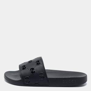 Gucci Black GG Laser Cut Rubber Slides Size 42
