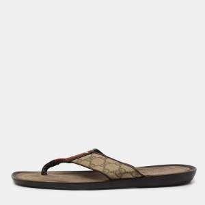 Gucci Beige/Brown GG Supreme Canvas Web Thong Flats Size 41