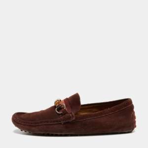 Gucci Burgundy Suede Bamboo Horsebit Slip On Loafers Size 44