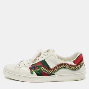 Pre Owned Gucci White Leather Ace Dragon Embroidered Low Top Sneakers Size 43