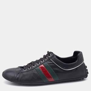 Gucci Black Leather Web Detail Low Top Sneakers Size 42.5
