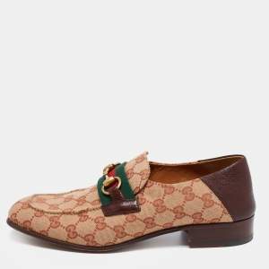 Gucci Brown/Beige GG Canvas and Leather Horsebit Web Loafers Size 41
