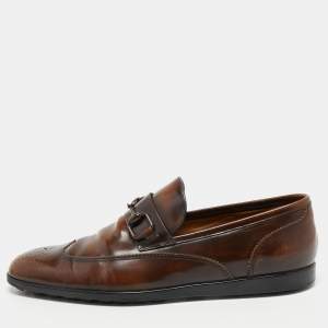 Gucci Brown Brogue Wingtip Leather Horsebit Loafers Size 44.5