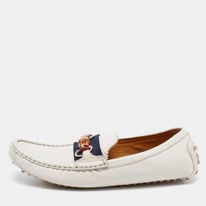 Gucci White Leather Web Bamboo Horsebit Loafers Size 40