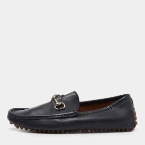 Gucci Navy Blue Leather Horsebit Driver Loafers Size 41