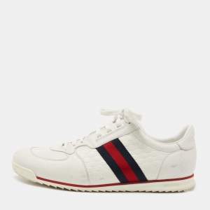 Gucci White Micro Guccissima Leather Web Low Top Sneakers Size 46