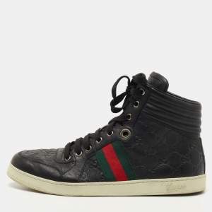 Gucci Black Guccissima Leather Web High Top Sneakers Size 42 
