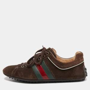 Gucci Dark Brown Suede Web Sneakers Size 40.5