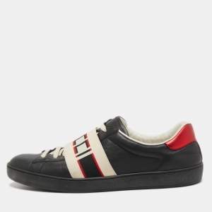 Gucci Black Leather Logo Elastic Band Ace Sneakers Size 44.5