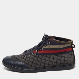 Gucci Navy Blue/Brown Leather and Nylon Diamante Web High Top Sneakers Size 43