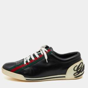Gucci Black Leather Web Detail Low Top Sneakers Size 43