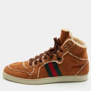 Gucci Brown Suede and Shearking Web Lace Up High Top Sneakers Size 43.5