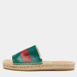 Gucci Green/Red Leather Web Accent Espadrilles Flat Slides Size 43 