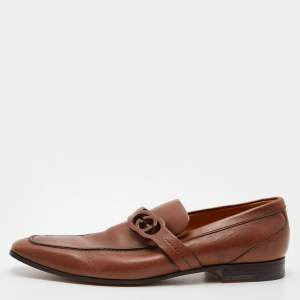 Gucci Tan Leather Interlocking G Slip On Loafers Size 45