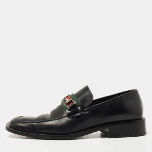 Pre Owned Gucci Black Leather Horsebit Web Detail Slip On Loafers Size 37