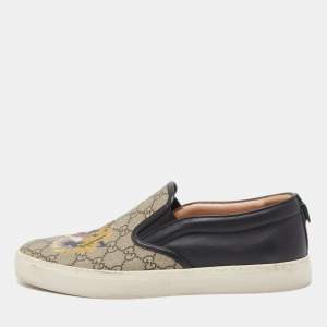 Gucci Beige/Black Tiger Print GG Supreme Canvas and Leather Slip On Sneakers Size 45
