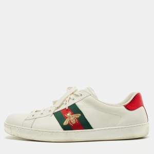 Gucci White Leather and Snake Embossed Ace Lace Up Sneakers Size Size 45.5
