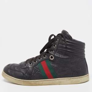 Gucci Black Guccissima Leather Web Detail High Top Sneakers Size 43.5
