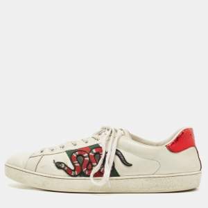 Gucci White Leather Embroidered Snake Ace Sneakers Size 45 