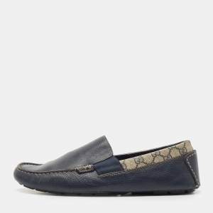 Gucci Navy Blue/Beige Leather and GG Supreme Canvas Slip On Loafers Size 45