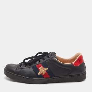 Gucci Black Leather Embroidered Bee Ace Sneakers Size 44