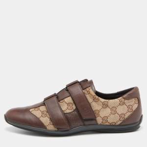 Gucci Brown/Beige GG Canvas and Leather Double Velcro Strap Sneakers Size 39.5