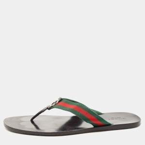 Gucci Tricolor Leather and Canvas Web Interlocking G Thong Slides Size 47