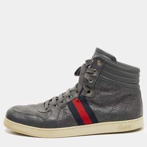 Gucci Grey Guccissima Leather Web High Top Sneakers Size 44.5