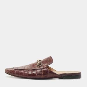 Gucci Burgundy Croc Embossed Leather Princetown Flat Mules Size 42.5