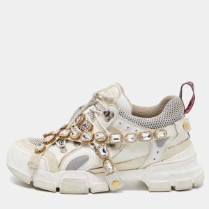 Gucci White Leather and Mesh Flashtrek Rhinestone Sneakers Size 42
