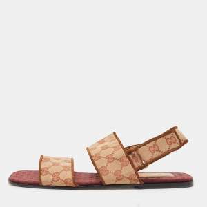 Gucci Beige/Red GG Canvas Flat Sandals Size 42