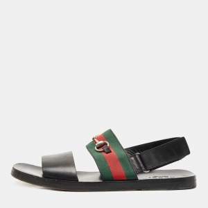 Gucci Black Leather and Canvas Horsebit Web Flat Sandals Size 44