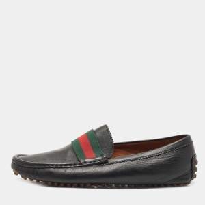 Pre Owned Gucci Black Leather Web Slip On Loafers Size 42.5