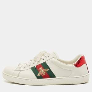 Gucci White Leather Ace Bee Web Low Top Sneakers Size 42.5