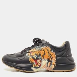Gucci Black Leather Tiger Rhyton Low Top Sneakers Size 44