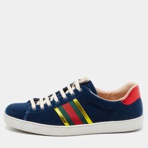 Gucci Blue Velvet Ace Web Low Top Sneakers Size 44