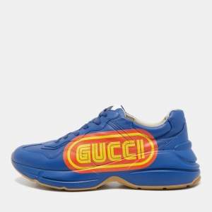Gucci Blue Leather Logo Rhyton Low Top Sneakers Size 44