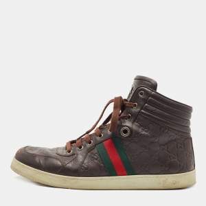 Gucci Dark Brown Guccissima Leather Web High Top Sneakers Size 45