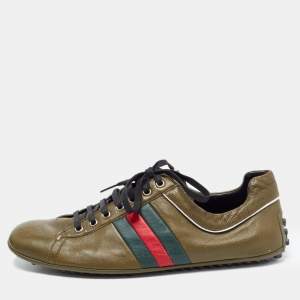 Gucci Army Green Leather Web Low Top Sneakers Size 44