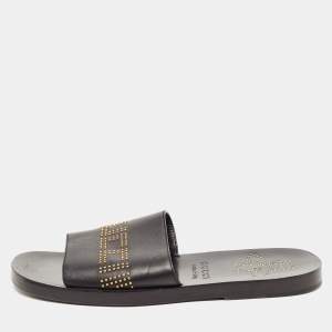 Gucci Black Leather Studded Bee Logo Slides Size 43