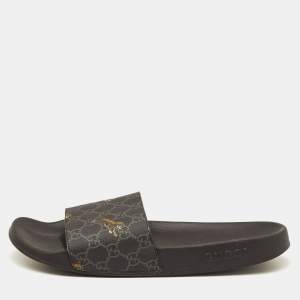 Gucci Black GG Supreme Canvas Tiger Flat Slides Size 45.5