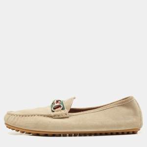 Gucci Beige Suede Web Horsebit Slip On Loafers Size 43
