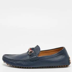 Gucci Navy Blue Leather Horsebit Slip On Loafers Size 42.5