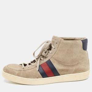 Gucci Grey Suede Web Detail High Top Sneakers Size 43.5