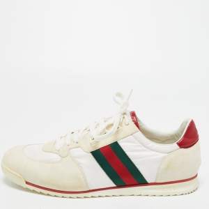 Gucci White Suede and Fabric Wed Detail Low Top Sneakers Size 44.5