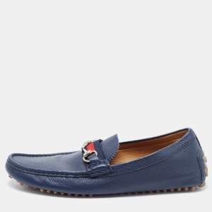 Gucci Blue Leather Web Horsebit Detail Slip On Loafers Size 44