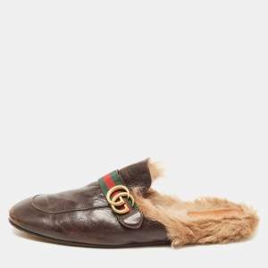 Gucci Dark Brown Leather and Fur Princetown Mules Size 48