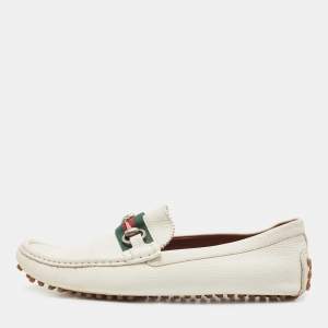 Gucci White Leather Web Horsebit Loafers Size 41