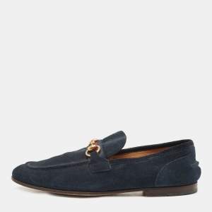 Gucci Navy Blue Suede Web Horsebit Loafers Size 41